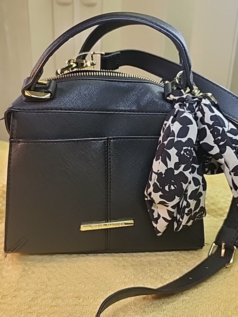 Steve Madden Black Structured Satchel with Floral Scarf Accent